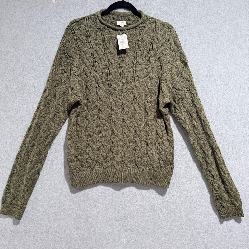 Cottagecore Womens Olive Green Cable Knit Roll Neck Cotton Sweater Size L NEW